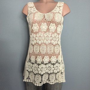 Solitaire Top Sheer   Ivory BOHO Festival Crochet Lace Top Size M